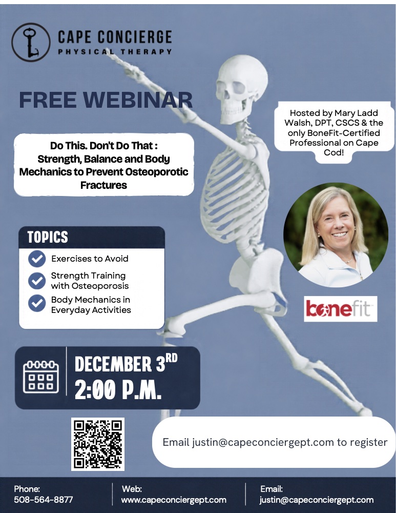 Do This. Don't Do That webinar flyer: a free webinar hosted by Mary Ladd Walsh, DPT, CSCS, a BoneFit-certified professional, on December 3 at 2:00 PM, covering supplements, strength training and how to build bone density.