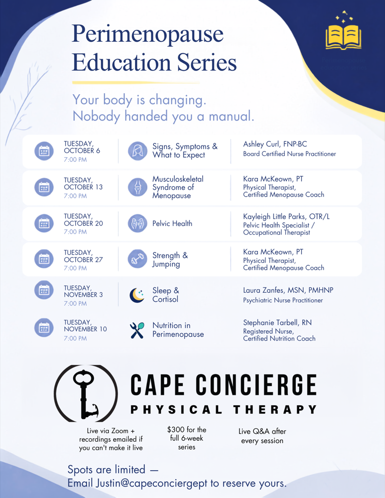 Perimenopause Education Series flyer listing the six Tuesday sessions, their topics and the clinician leading each.
