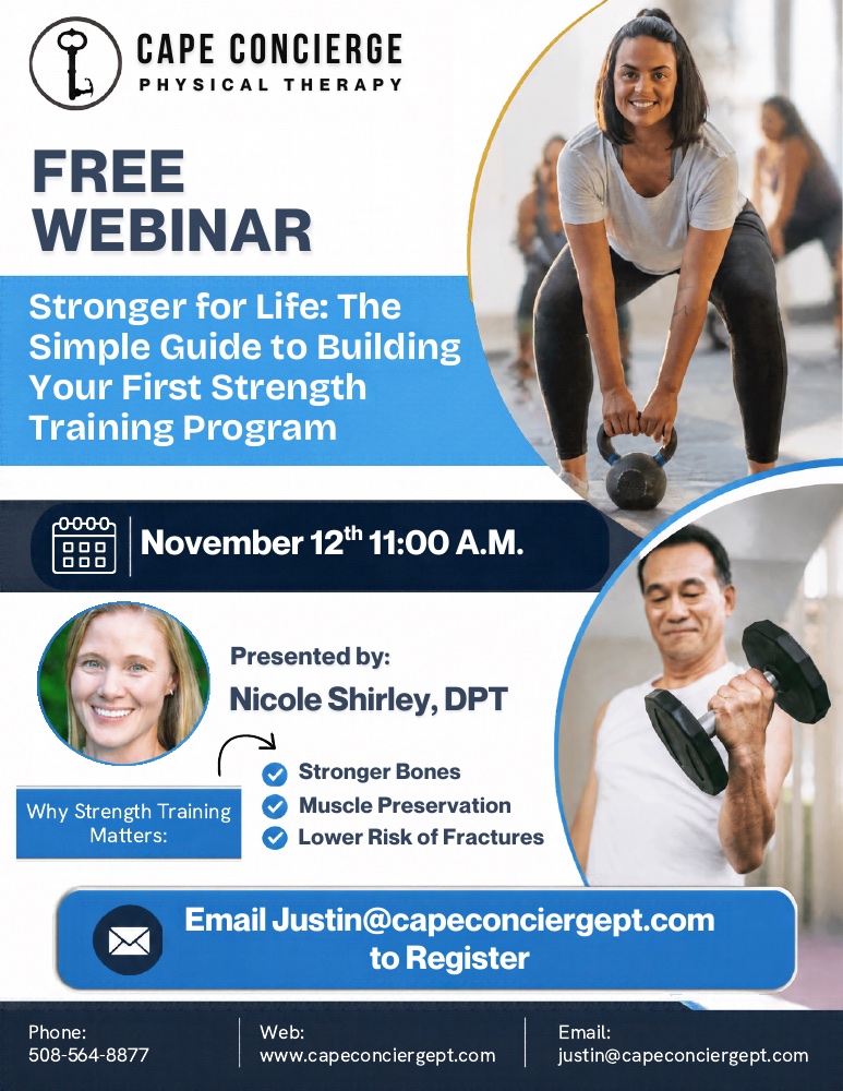 Stronger for Life webinar flyer: a free webinar presented by Nicole Shirley, DPT, on November 12 at 11:00 AM, on why strength training matters: stronger bones, muscle preservation and a lower risk of fractures.