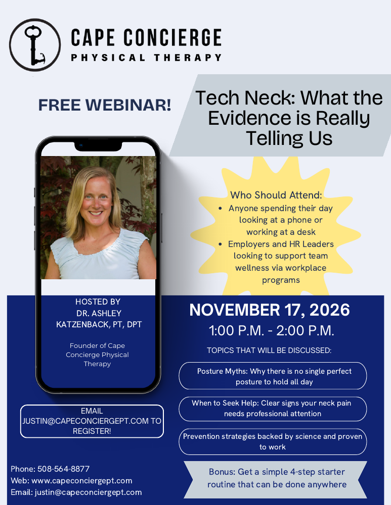 Tech Neck webinar flyer: a free webinar hosted by Dr. Ashley Katzenback, PT, DPT, on November 17, 2026 from 1:00 to 2:00 PM, listing who should attend and the topics covered.